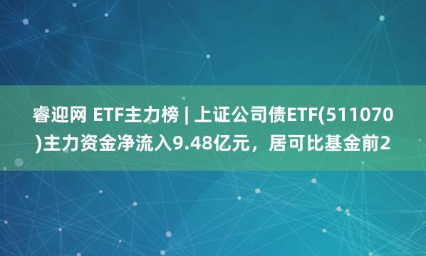 睿迎网 ETF主力榜 | 上证公司债ETF(511070)主力资金净流入9.48亿元，居可比基金前2